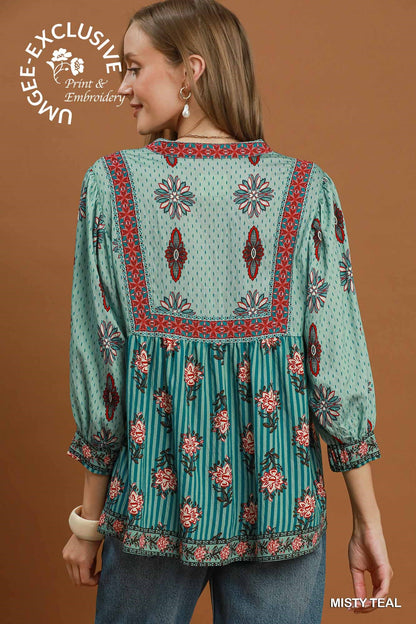 Mixed Floral Border Print Babydoll Blouse