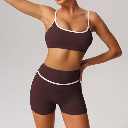 Women Color Block Sport Bra Fitness Shorts 2 Pcs Yoga Set