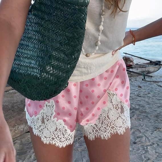 Romantic Polka Dots Lace Trim Elastic Mini Shorts
