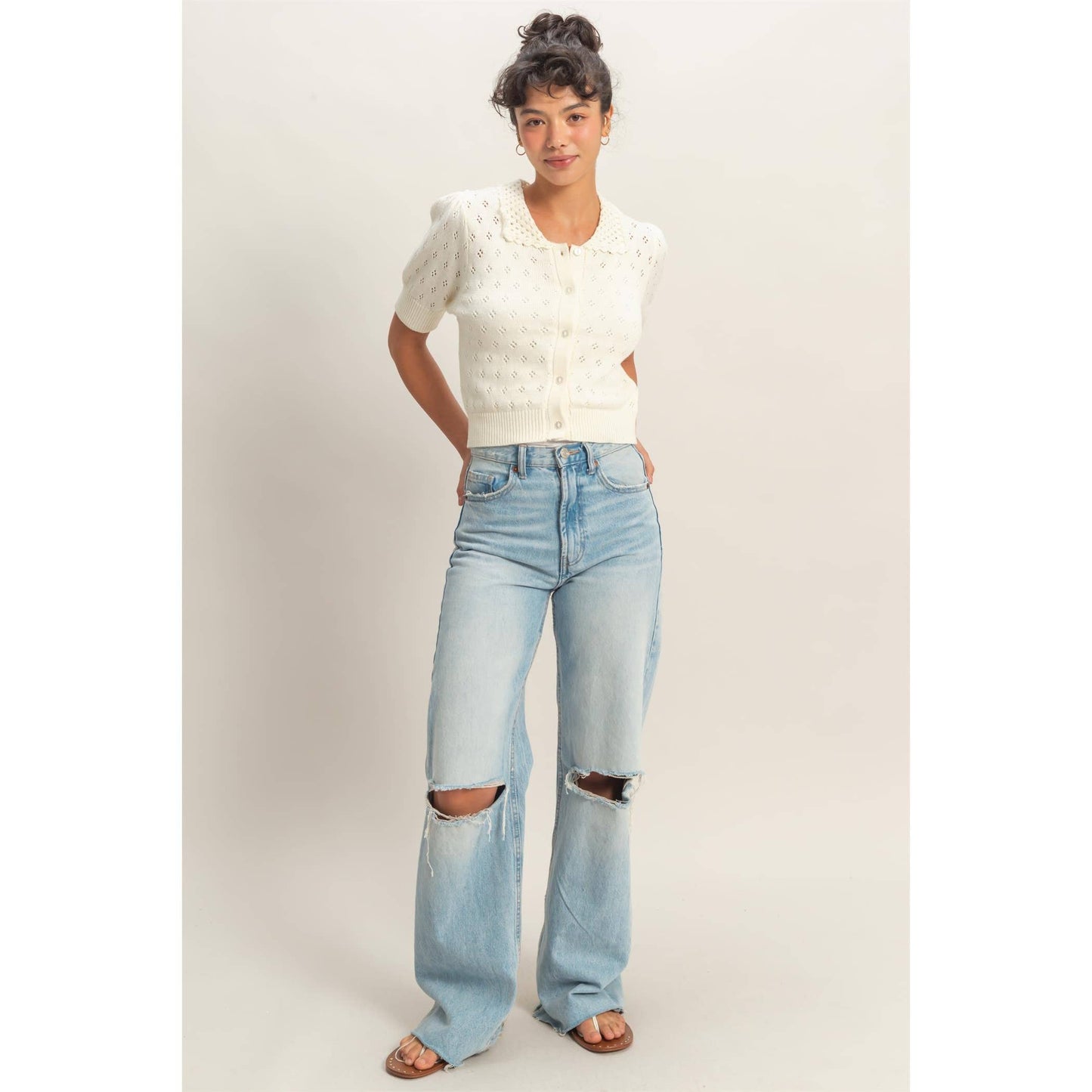 Pointelle Collar Button-Up Puff Sleeve Knit Top