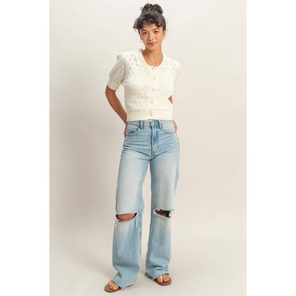 Pointelle Collar Button-Up Puff Sleeve Knit Top