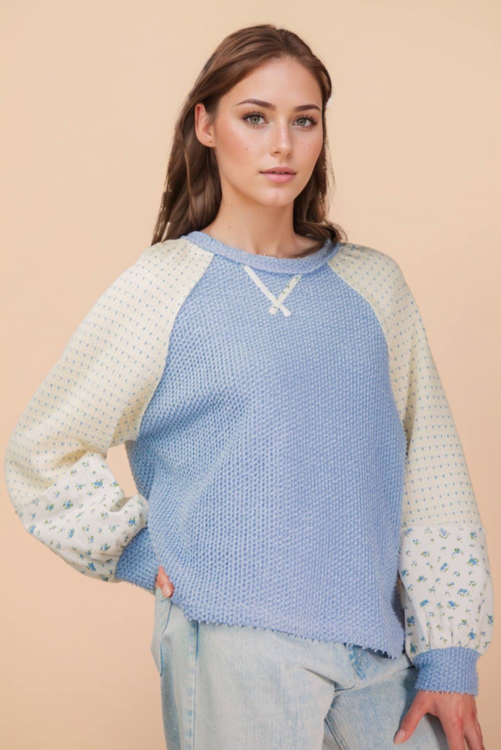 Raglan Sleeve Color Block Casual Textured Knit Top