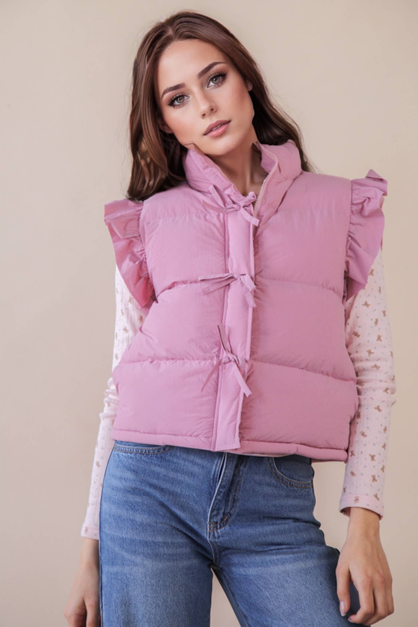 Front Bow Ruffle Sleeve Puffer Vest