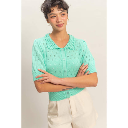 Pointelle Collar Button-Up Puff Sleeve Knit Top