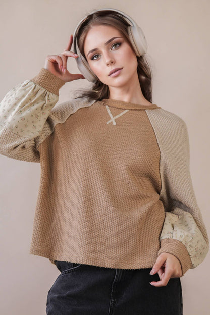 Raglan Sleeve Color Block Casual Textured Knit Top