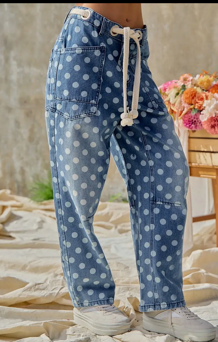 Polka Dot Print Denim Pants With Waist Belt