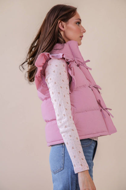 Front Bow Ruffle Sleeve Puffer Vest