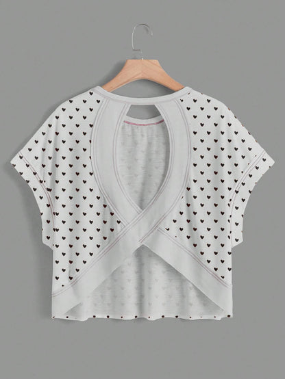 Polka Dots Wrapped Cutout Back Slouchy Tee Workout Shirt