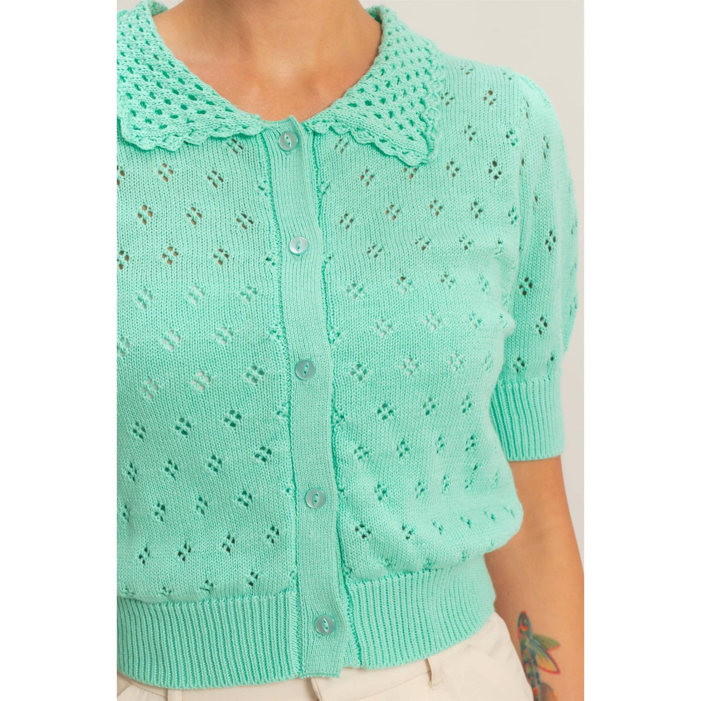 Pointelle Collar Button-Up Puff Sleeve Knit Top