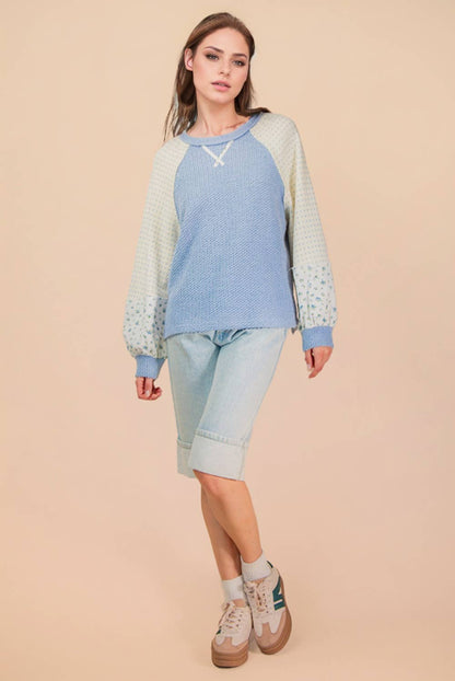 Raglan Sleeve Color Block Casual Textured Knit Top