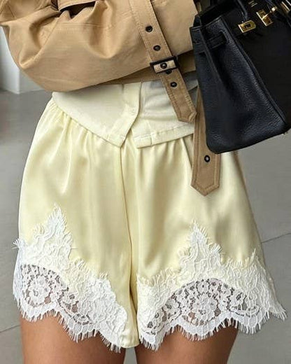 Lace Hem Elastic Waist Solid Loungewear Shorts