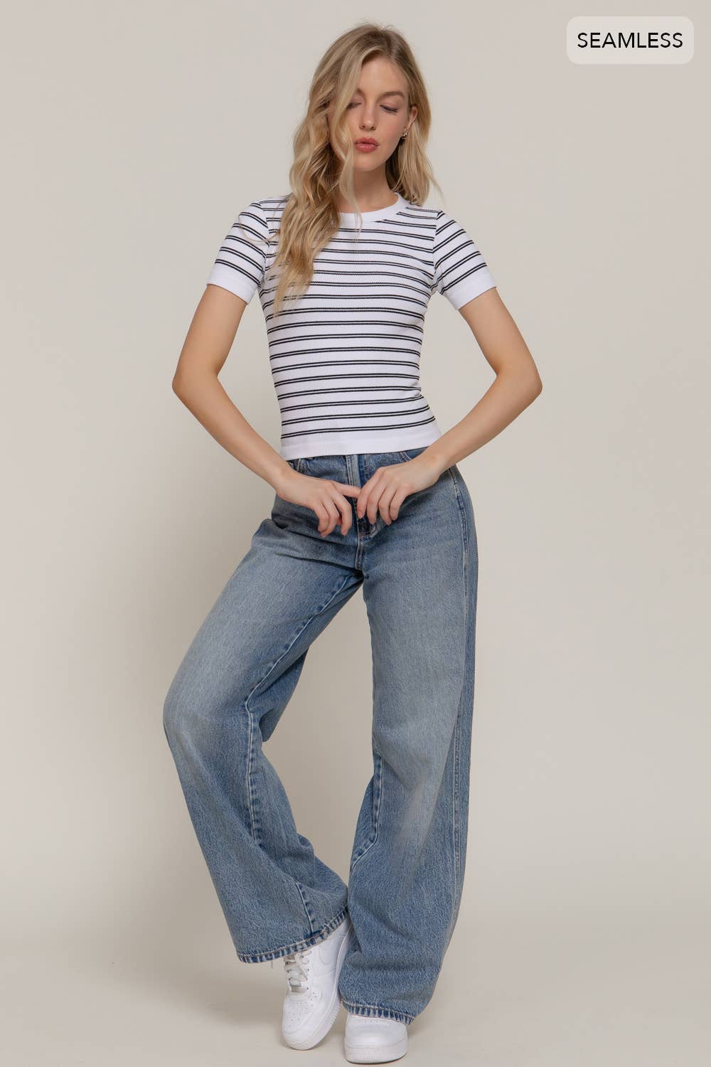 Short Sleeve Crew Neck Striped Seamless Top