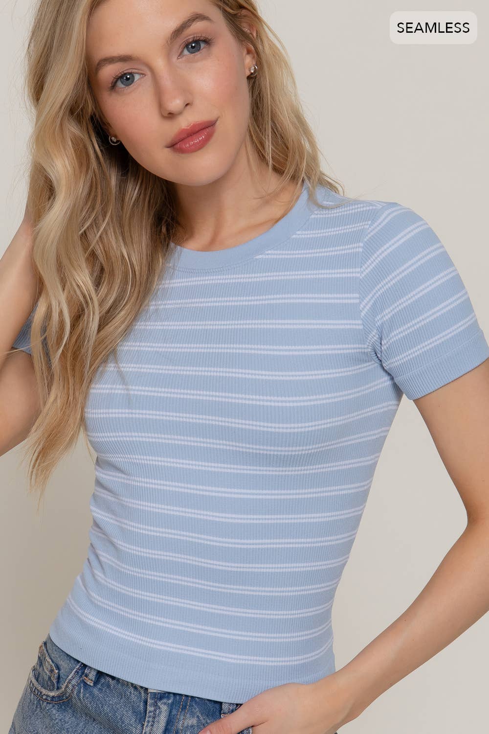 Short Sleeve Crew Neck Striped Seamless Top