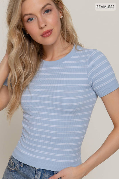 Short Sleeve Crew Neck Striped Seamless Top