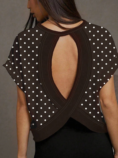 Polka Dots Wrapped Cutout Back Slouchy Tee Workout Shirt