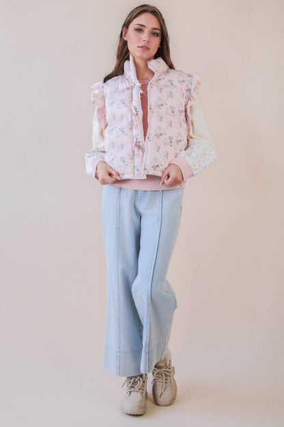 Front Bow Ruffle Sleeve Puffer Vest