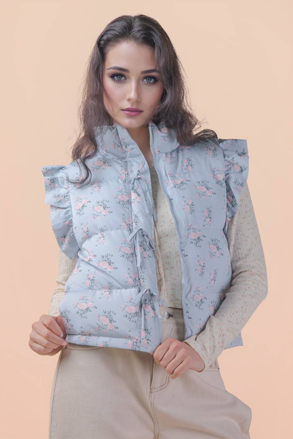 Front Bow Ruffle Sleeve Puffer Vest