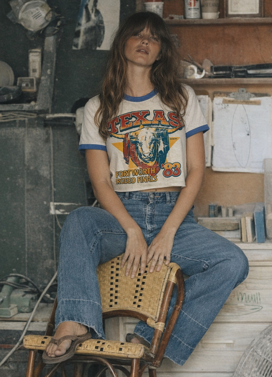 Texas 1983 Fort Worth Rodeo Finals Ringer Relaxed Crop Tee