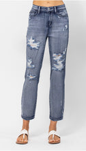 High Rise Medium Wash Destroyed Boyfriend Jeans