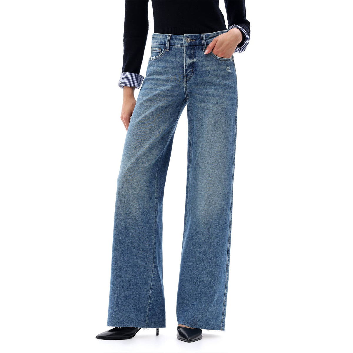ONESO Mid Rise Wide Leg Jeans Raw Hem Vintage Distressed