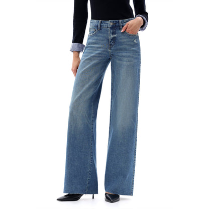 ONESO Mid Rise Wide Leg Jeans Raw Hem Vintage Distressed