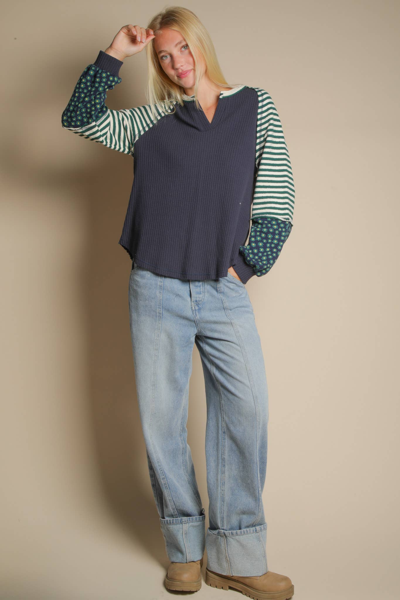 Oversized Floral & Stripe Casual Knit Top