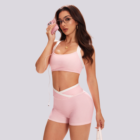 Women's Checkered Print Wide Straps Bra And Shorts Sets