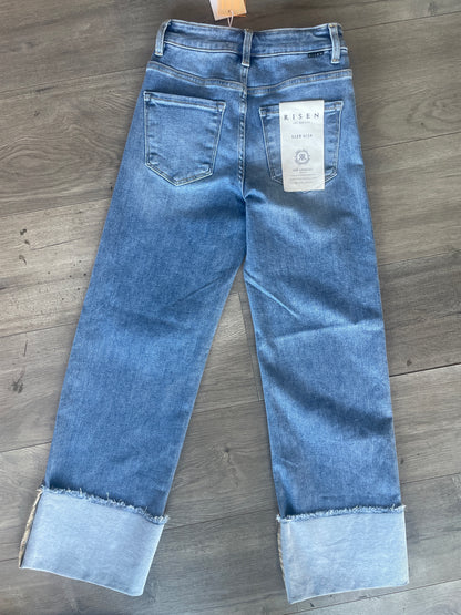 Mid Rise Crop Wide Cuffed Jeans Light Wash by Risen