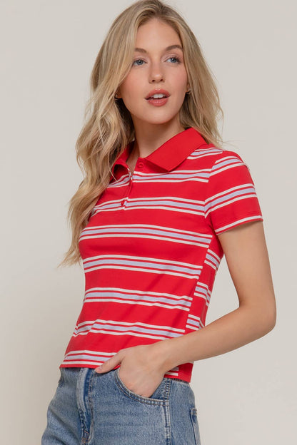 Short Sleeve Multi Striped Polo Top