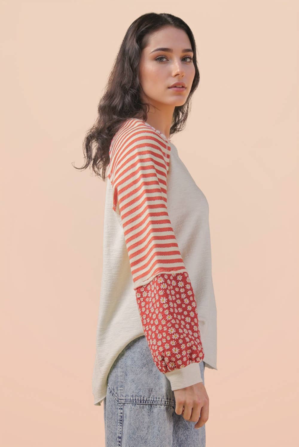 Oversized Floral & Stripe Casual Knit Top