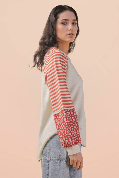 Oversized Floral & Stripe Casual Knit Top