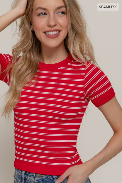 Short Sleeve Crew Neck Striped Seamless Top