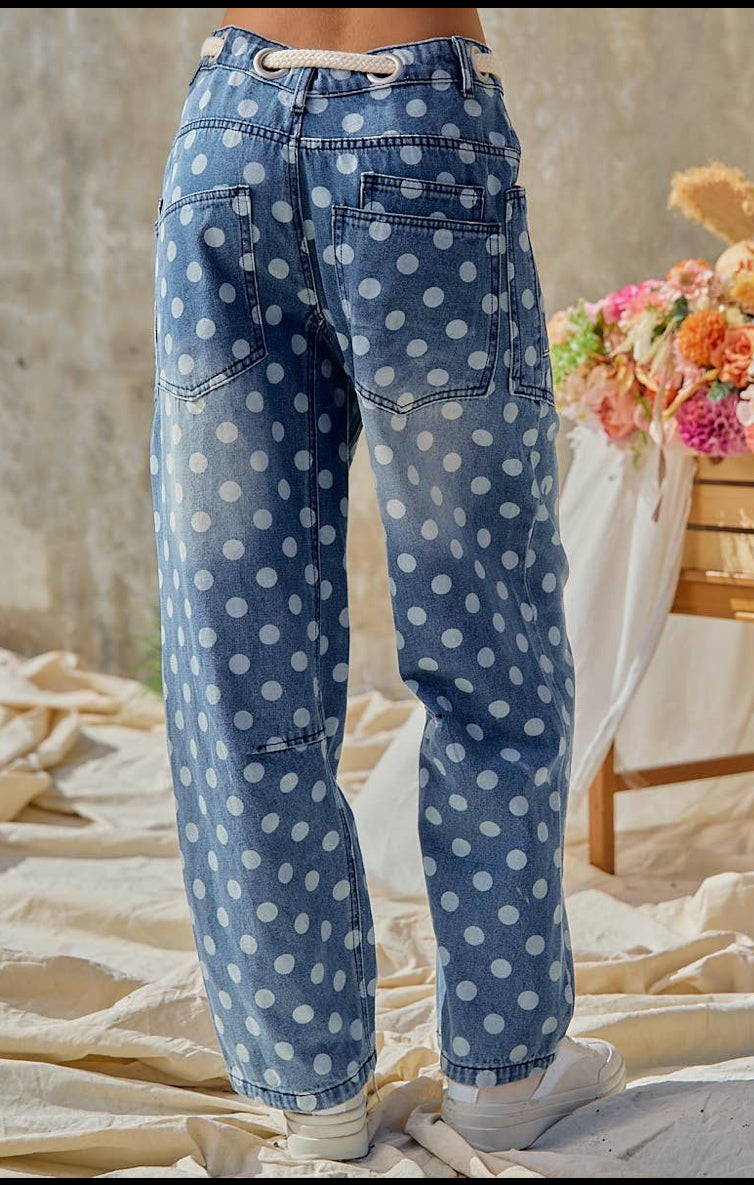 Polka Dot Print Denim Pants With Waist Belt