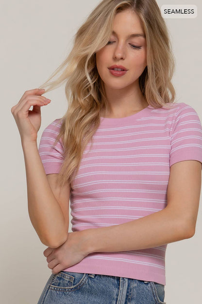 Short Sleeve Crew Neck Striped Seamless Top