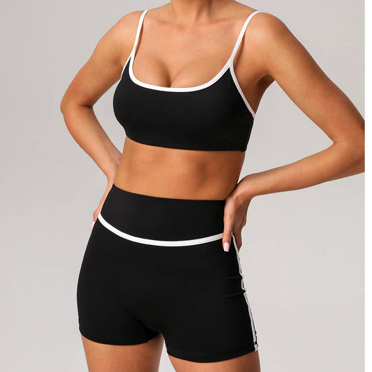 Women Color Block Sport Bra Fitness Shorts 2 Pcs Yoga Set