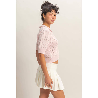 Pointelle Collar Button-Up Puff Sleeve Knit Top