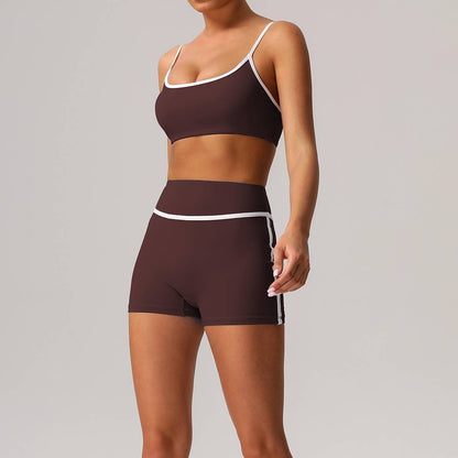 Women Color Block Sport Bra Fitness Shorts 2 Pcs Yoga Set