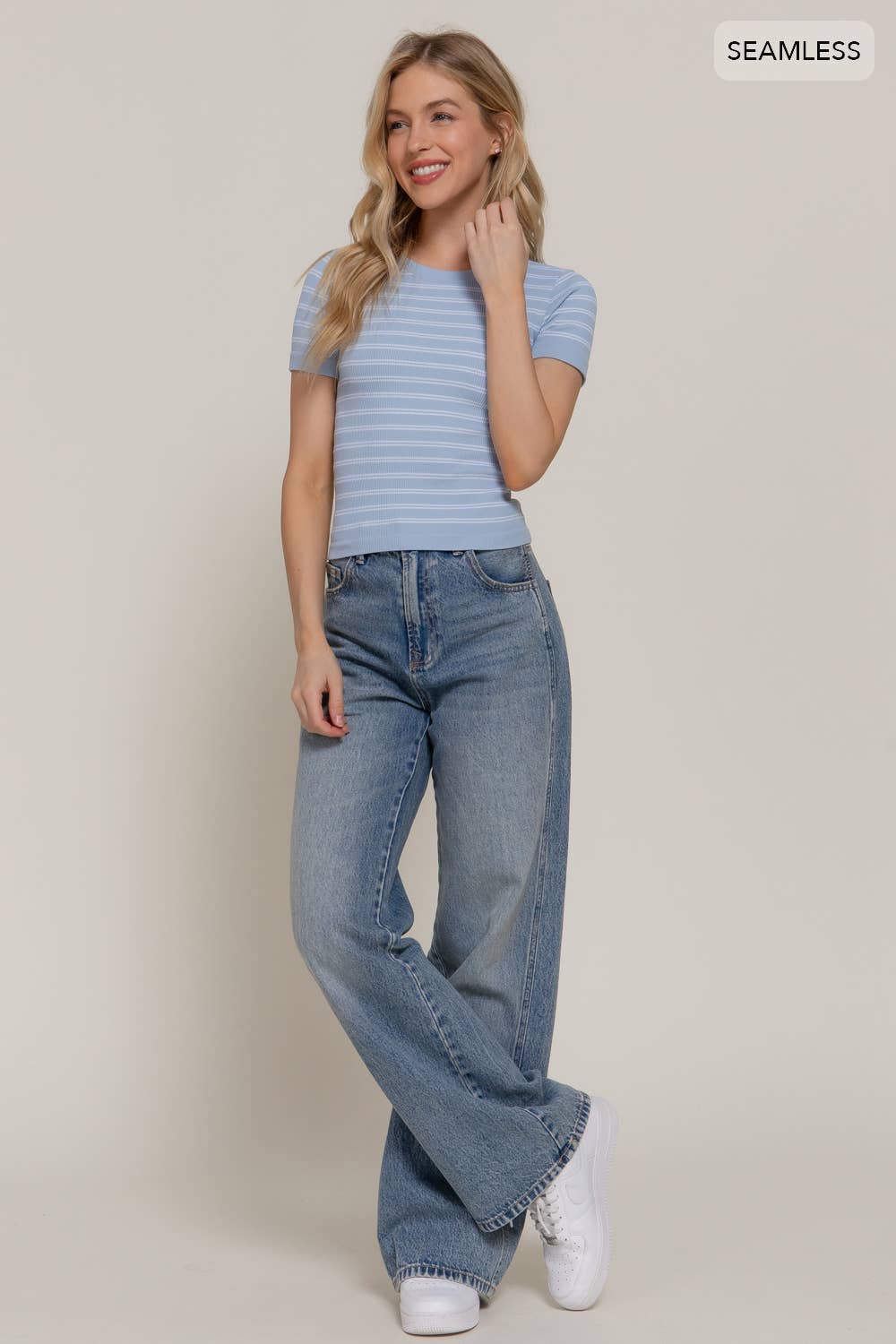 Short Sleeve Crew Neck Striped Seamless Top