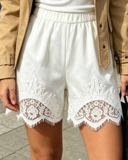 Lace Hem Elastic Waist Solid Loungewear Shorts