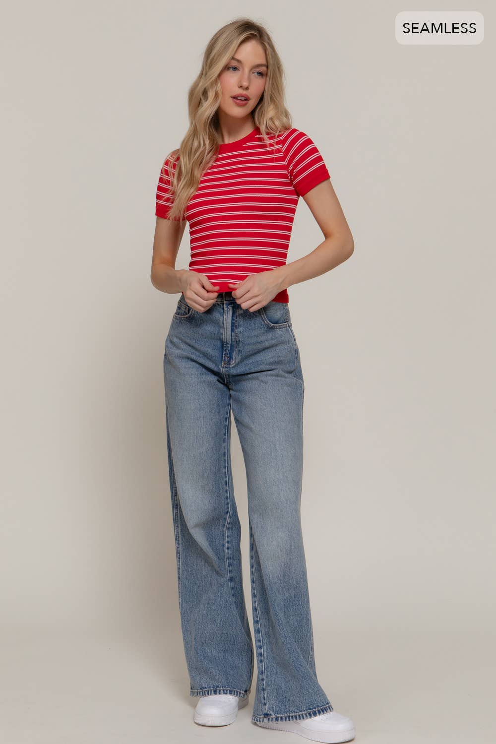 Short Sleeve Crew Neck Striped Seamless Top