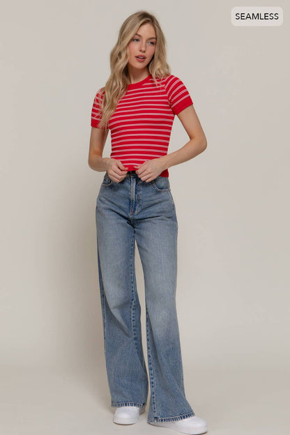 Short Sleeve Crew Neck Striped Seamless Top