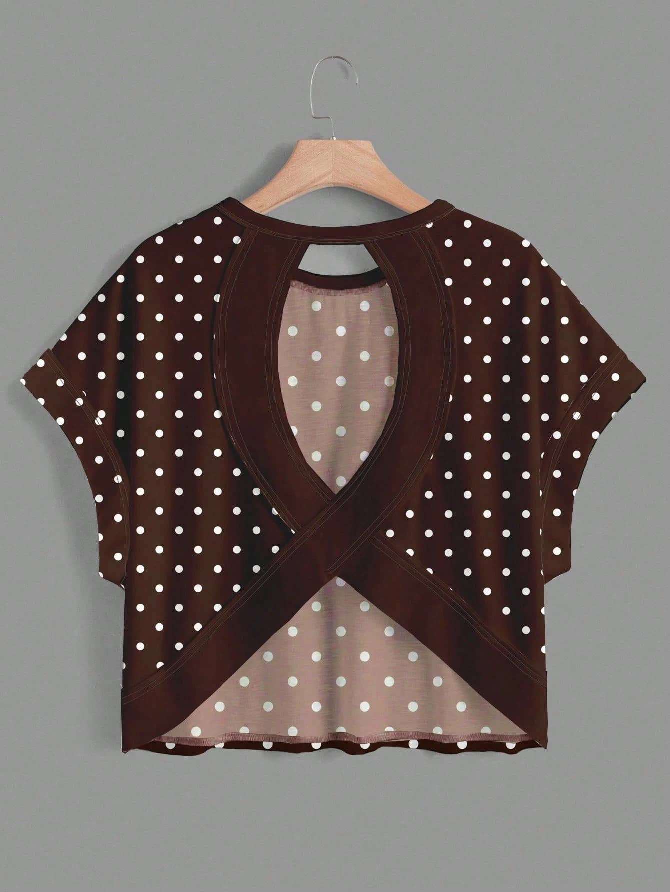 Polka Dots Wrapped Cutout Back Slouchy Tee Workout Shirt