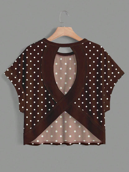 Polka Dots Wrapped Cutout Back Slouchy Tee Workout Shirt