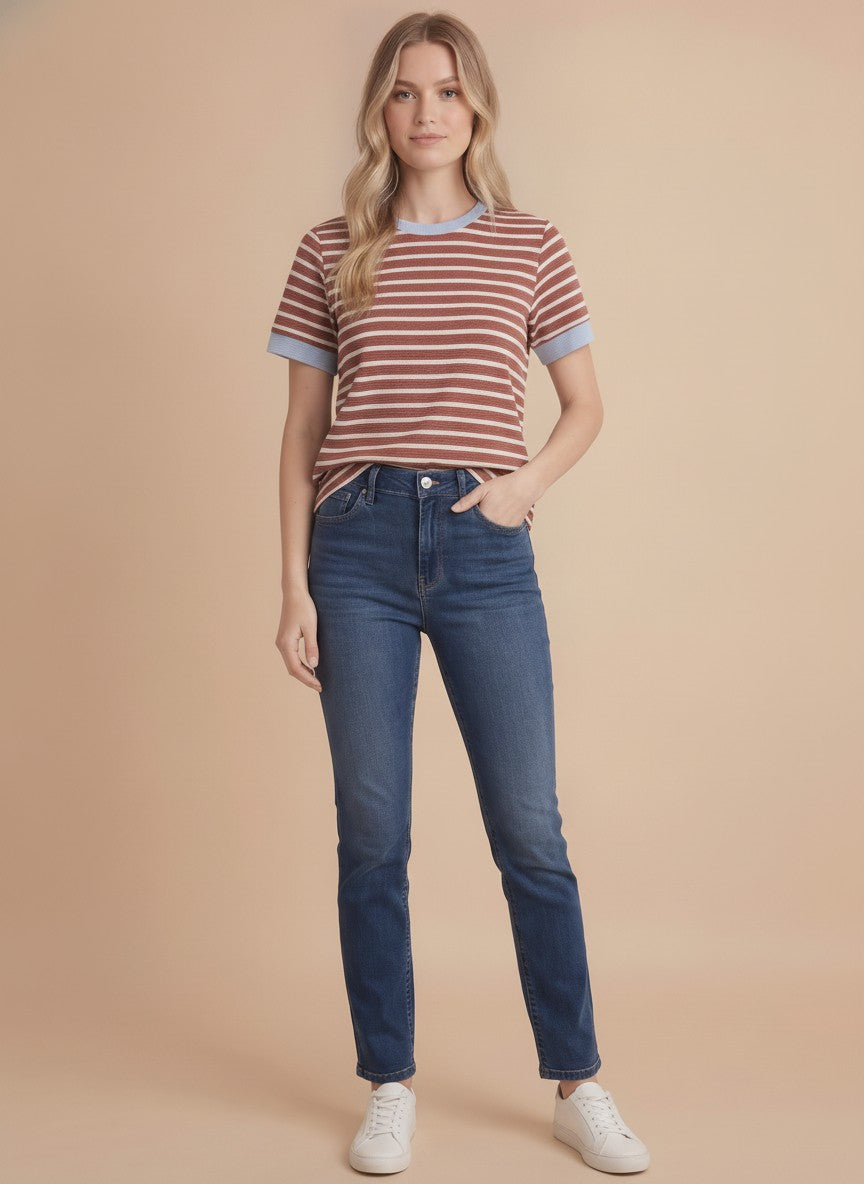 Cloudy Knit Color Block Ringer S/s Round Neck Top