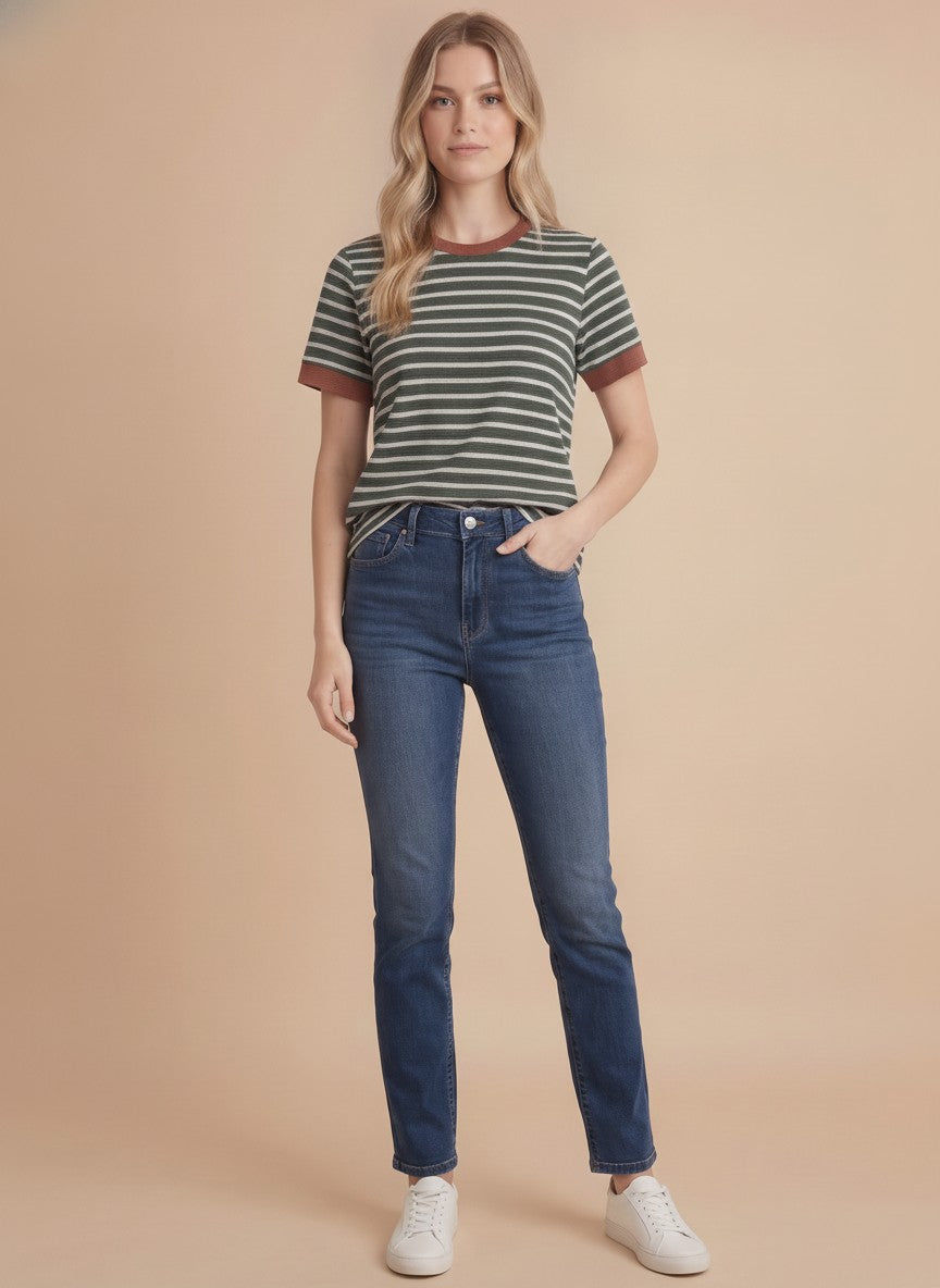 Cloudy Knit Color Block Ringer S/s Round Neck Top