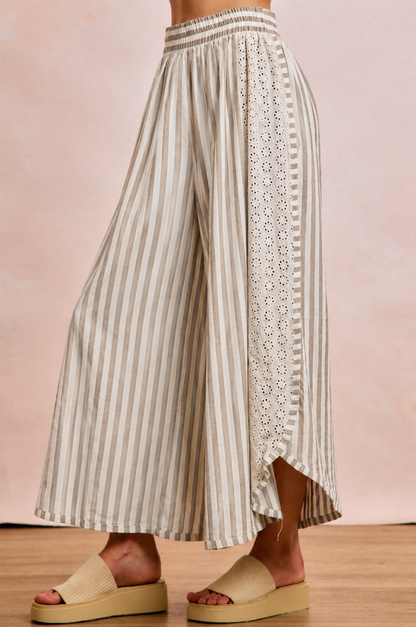 Floral Eyelet Side Elastic Waist Stripes Wide Leg Pant