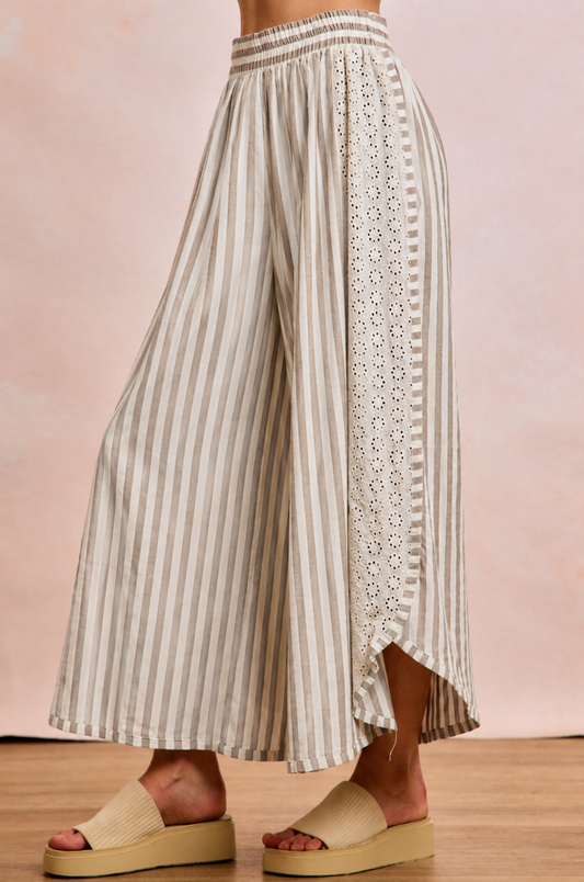 Floral Eyelet Side Elastic Waist Stripes Wide Leg Pant