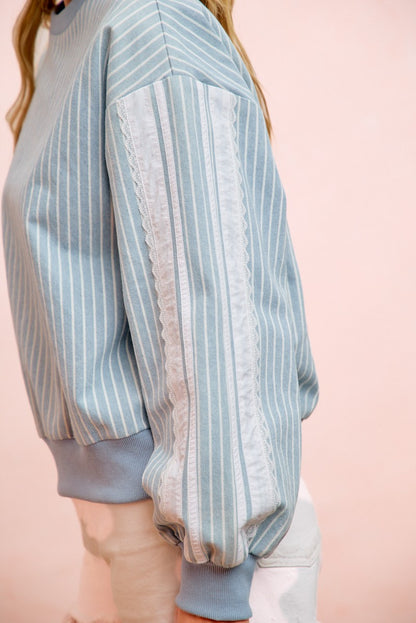 Stripes Denim Lace Contrast Sided Sweatshirt Top