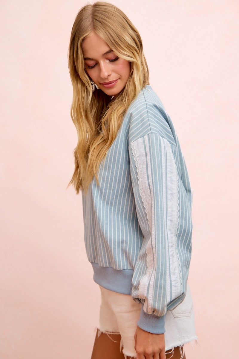 Stripes Denim Lace Contrast Sided Sweatshirt Top