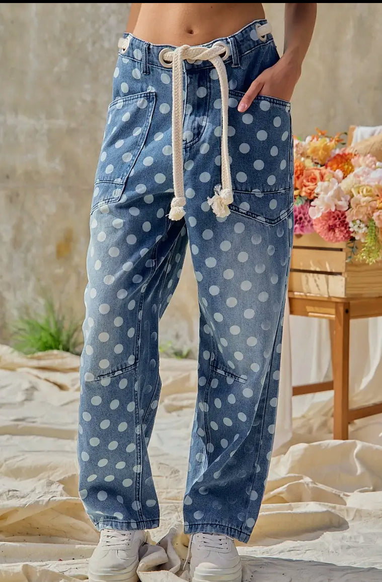 Polka Dot Print Denim Pants With Waist Belt
